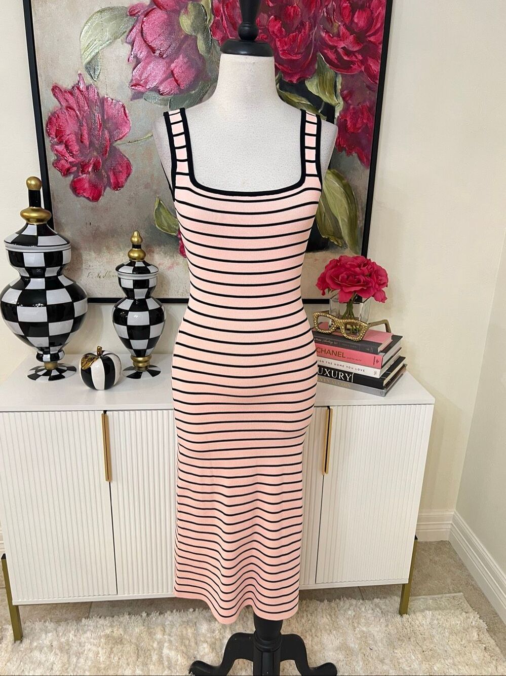 Olivaceous Women's Striped Knit Square Neck Midi Dress Light Pink Black Sz Small